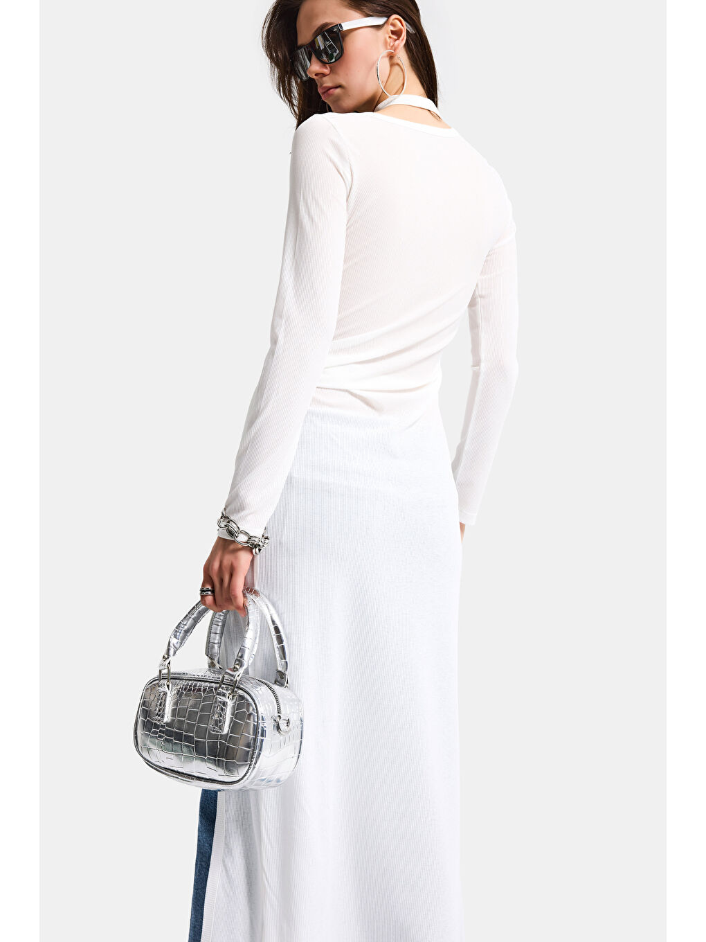 Kadın Beyaz w5 Maxi Boy %100 Organik Kumaş Tasarım Belden Bağlamalı Tunik-5