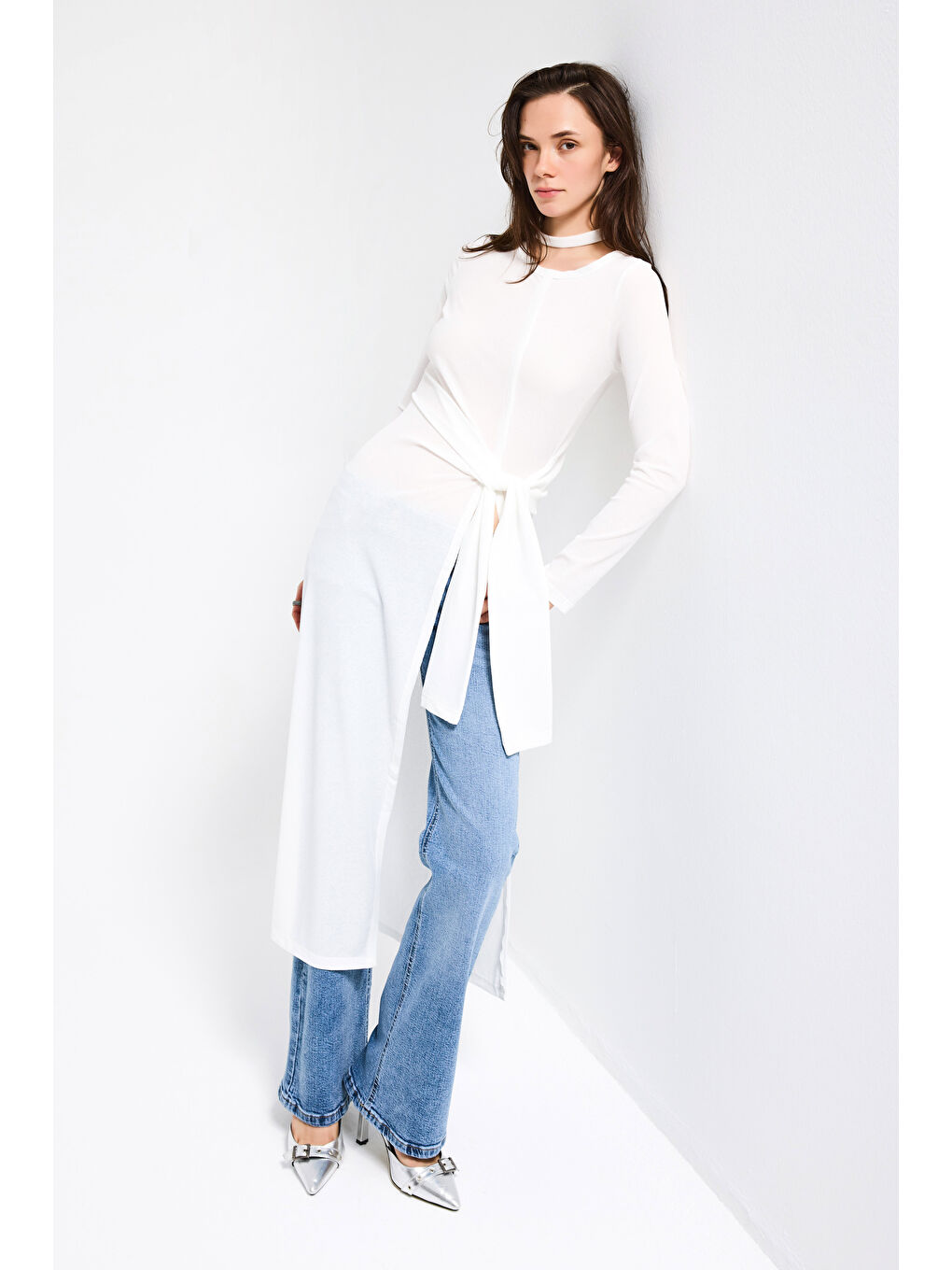 Kadın Beyaz w5 Maxi Boy %100 Organik Kumaş Tasarım Belden Bağlamalı Tunik-6