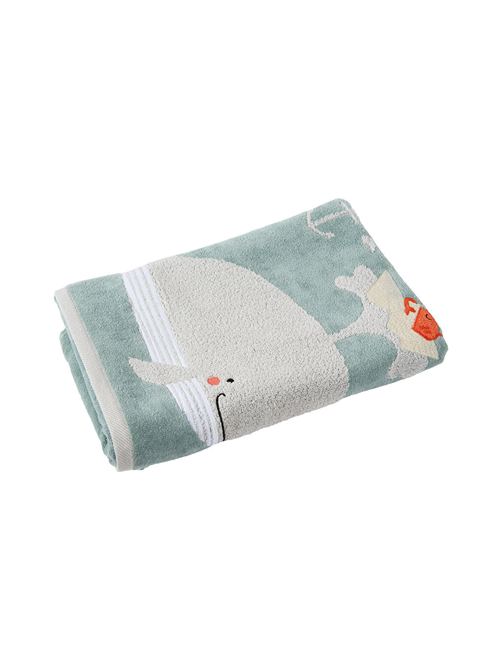 Beyaz Balina Jakarlı İşlemeli Pamuklu Velur Havlu - 70x140cm-1