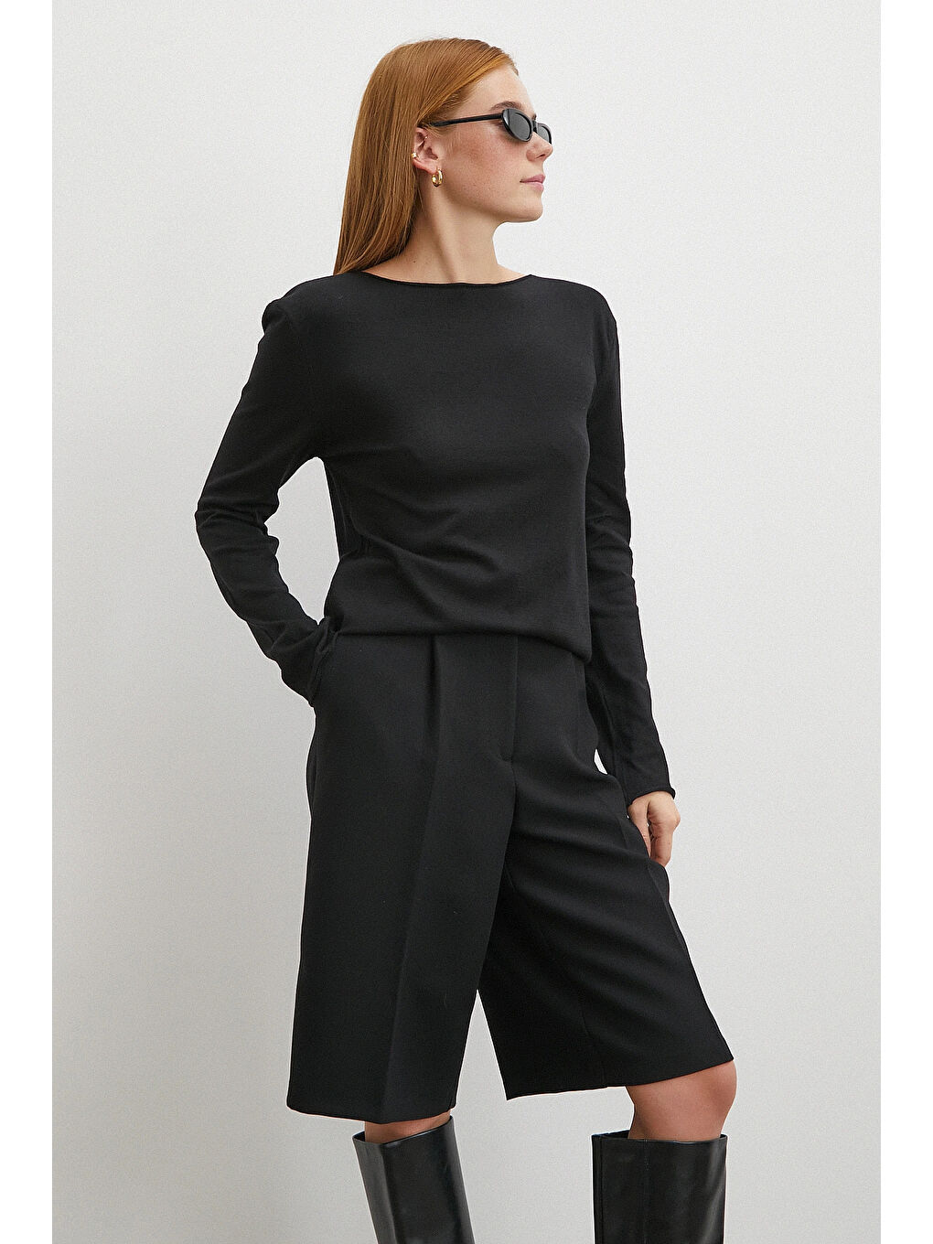 Kayık Yaka Uzun Kol Kazak Siyah-1