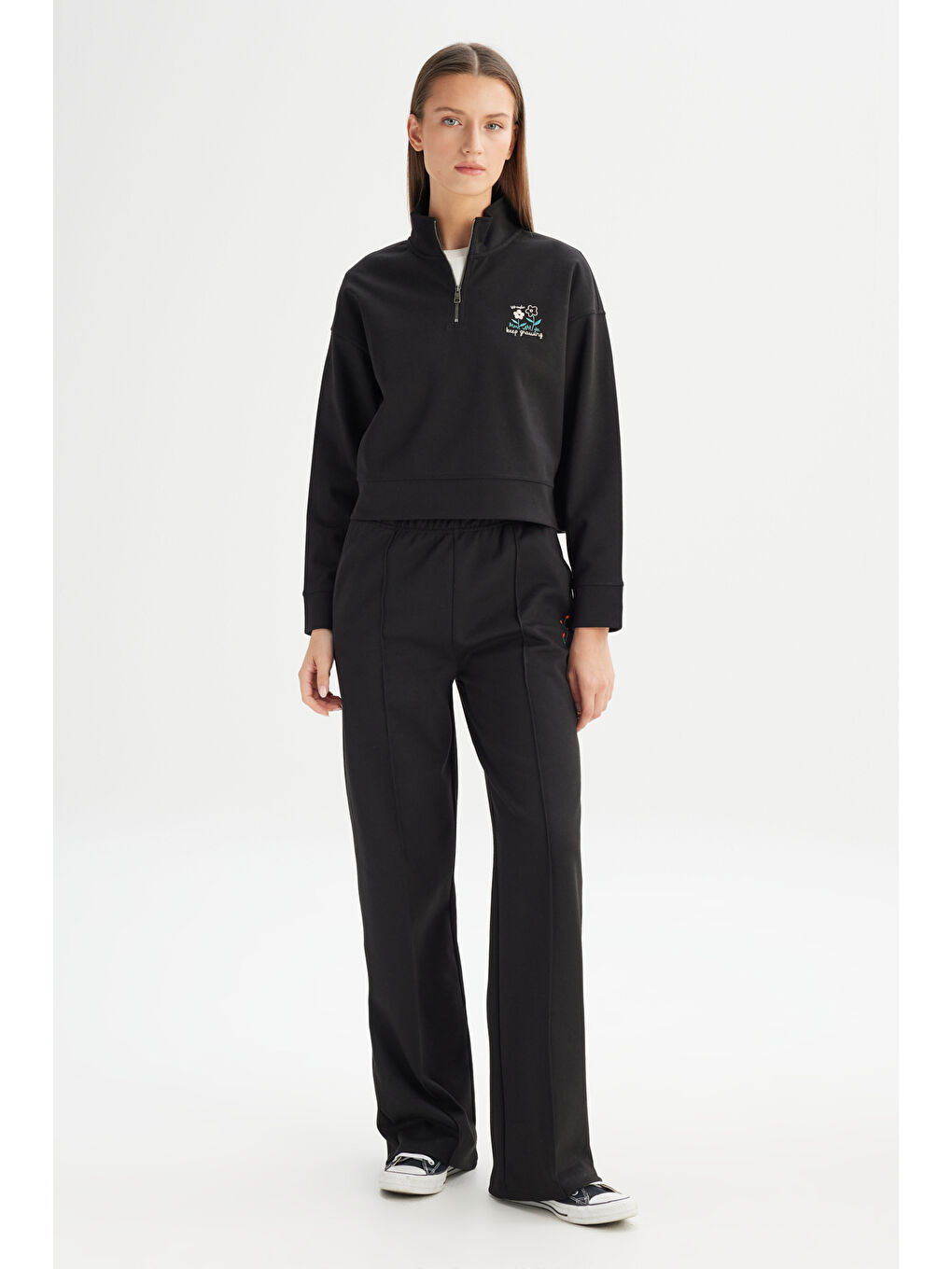 Regular Fit Normal Kesim Fermuar Yaka Detaylı Siyah Sweatshirt-1