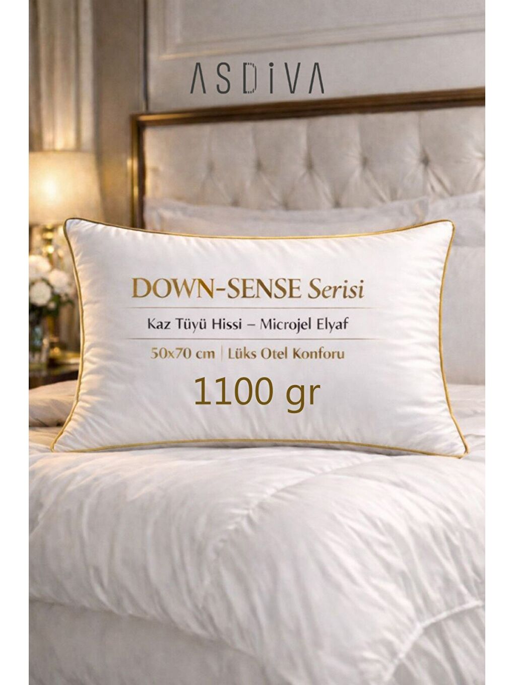 Beyaz Down-Sense Serisi Yan Uyuyanlara Özel Biyeli Lüks Otel Yastığı 50x70 cm Microjel Elyaf 1100 Gr