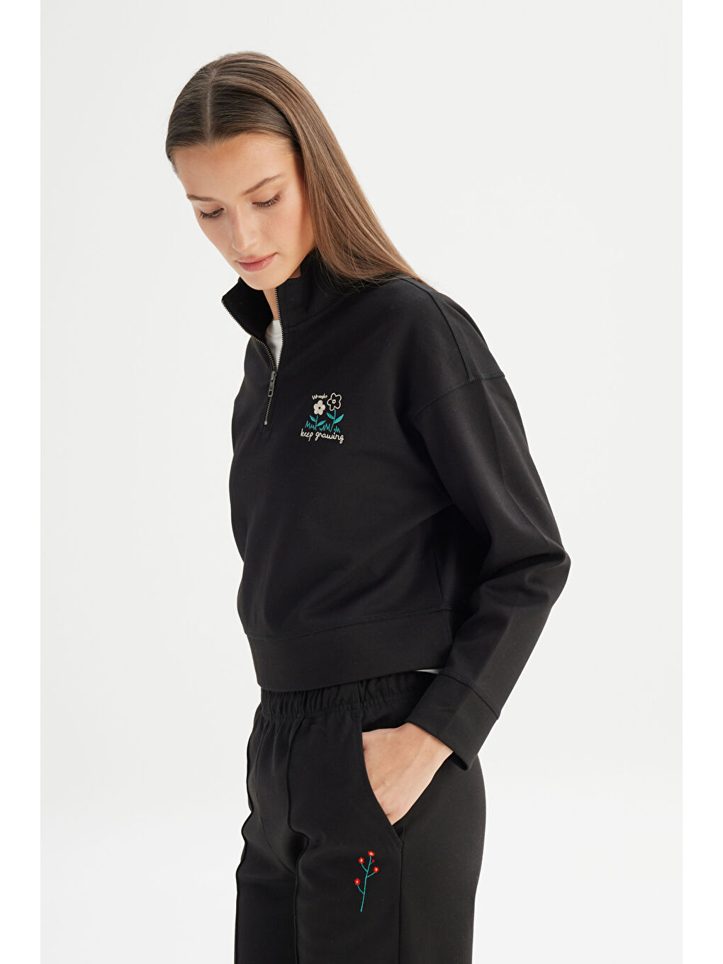 Regular Fit Normal Kesim Fermuar Yaka Detaylı Siyah Sweatshirt-2