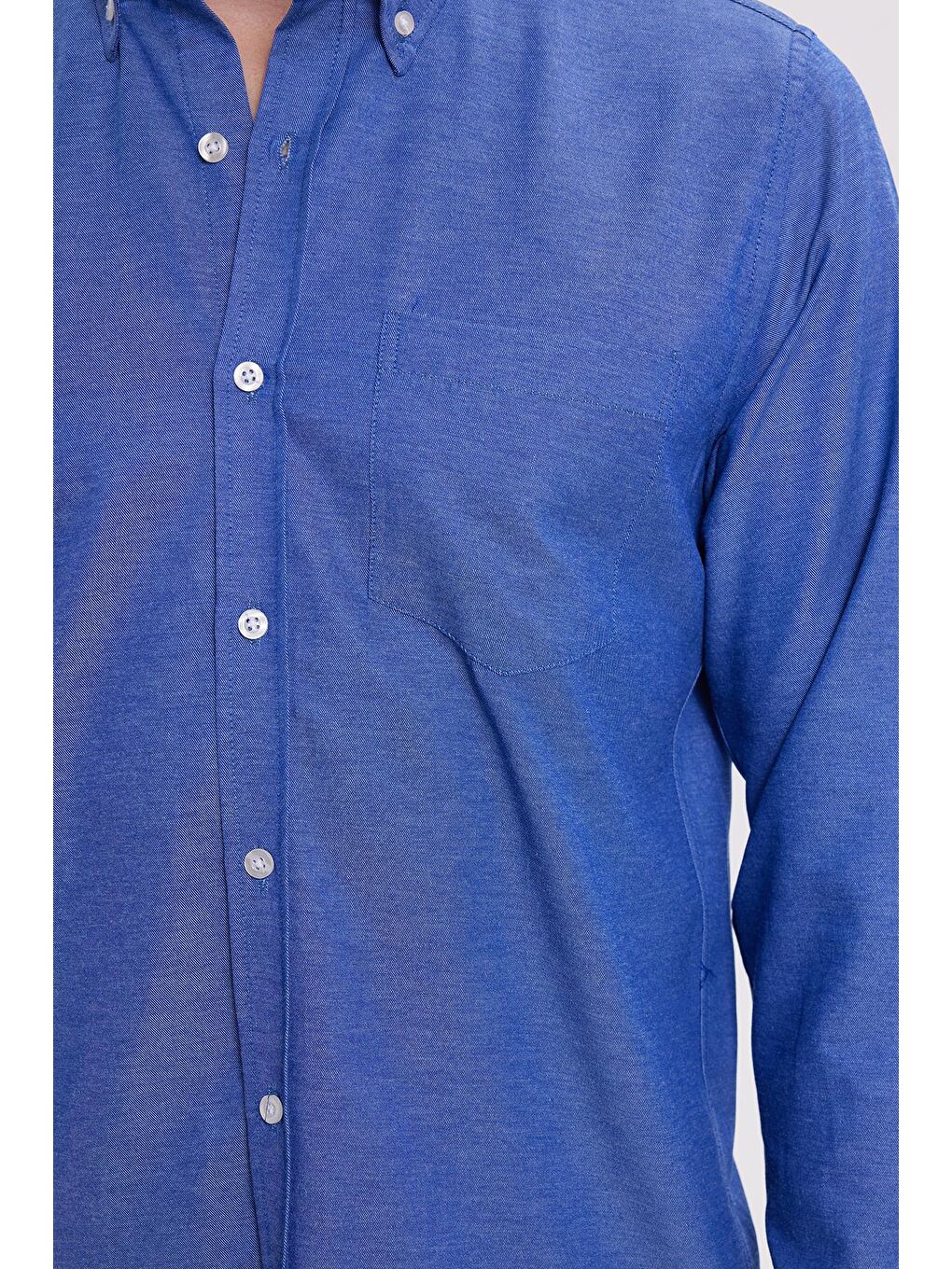 Erkek Regular Fit Klasik Kesim Düz Yaka Düğmeli Cepli Saks Mavi Gömlek-2