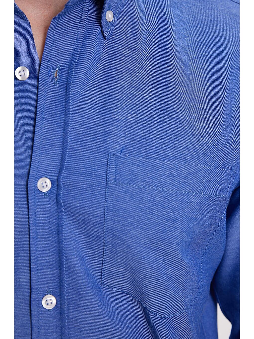Erkek Regular Fit Klasik Kesim Düz Yaka Düğmeli Cepli Saks Mavi Gömlek-5