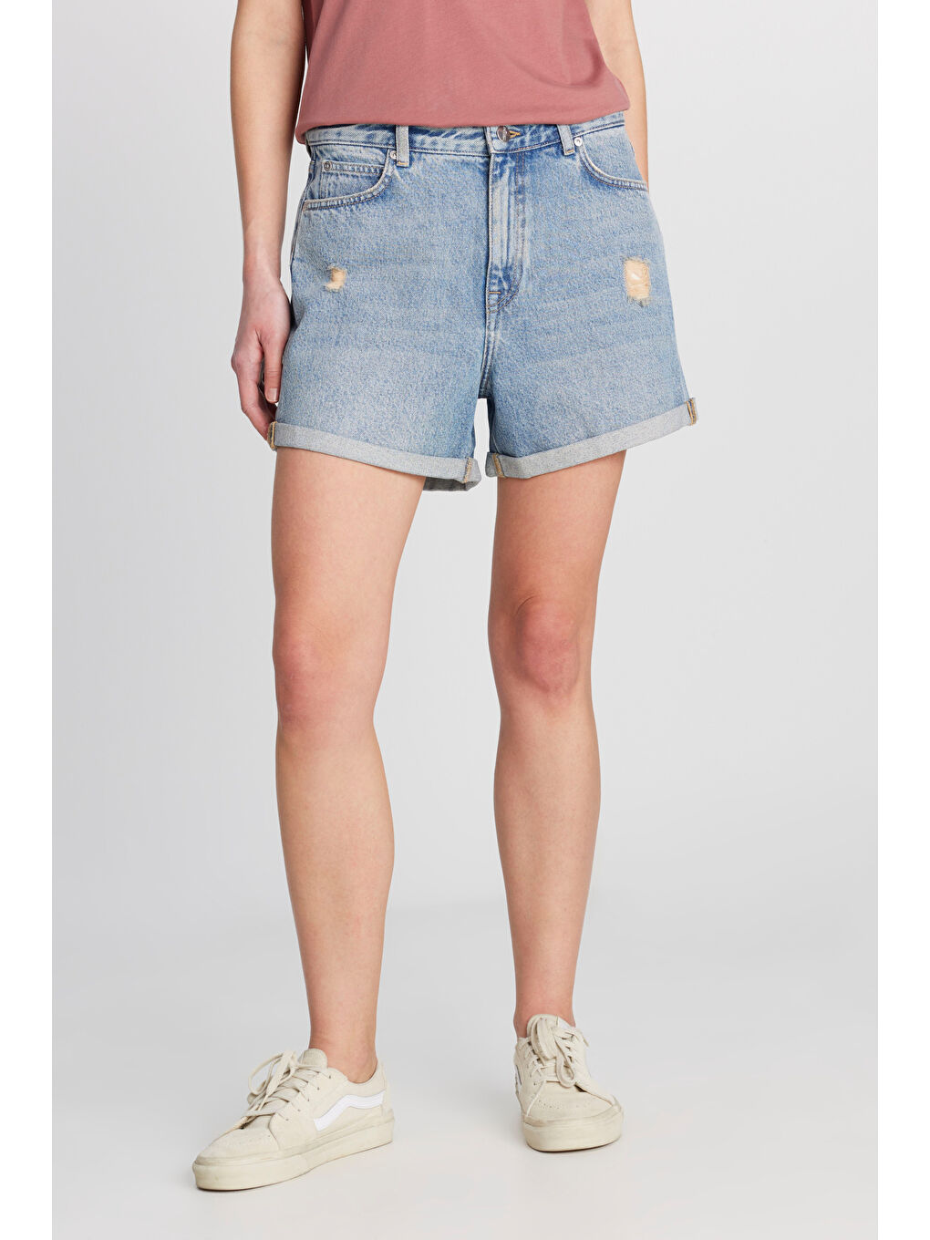 Yeşil %100 Pamuk Regular Fit Normal Kesim Mavi Mini Denim Jean Şort-2