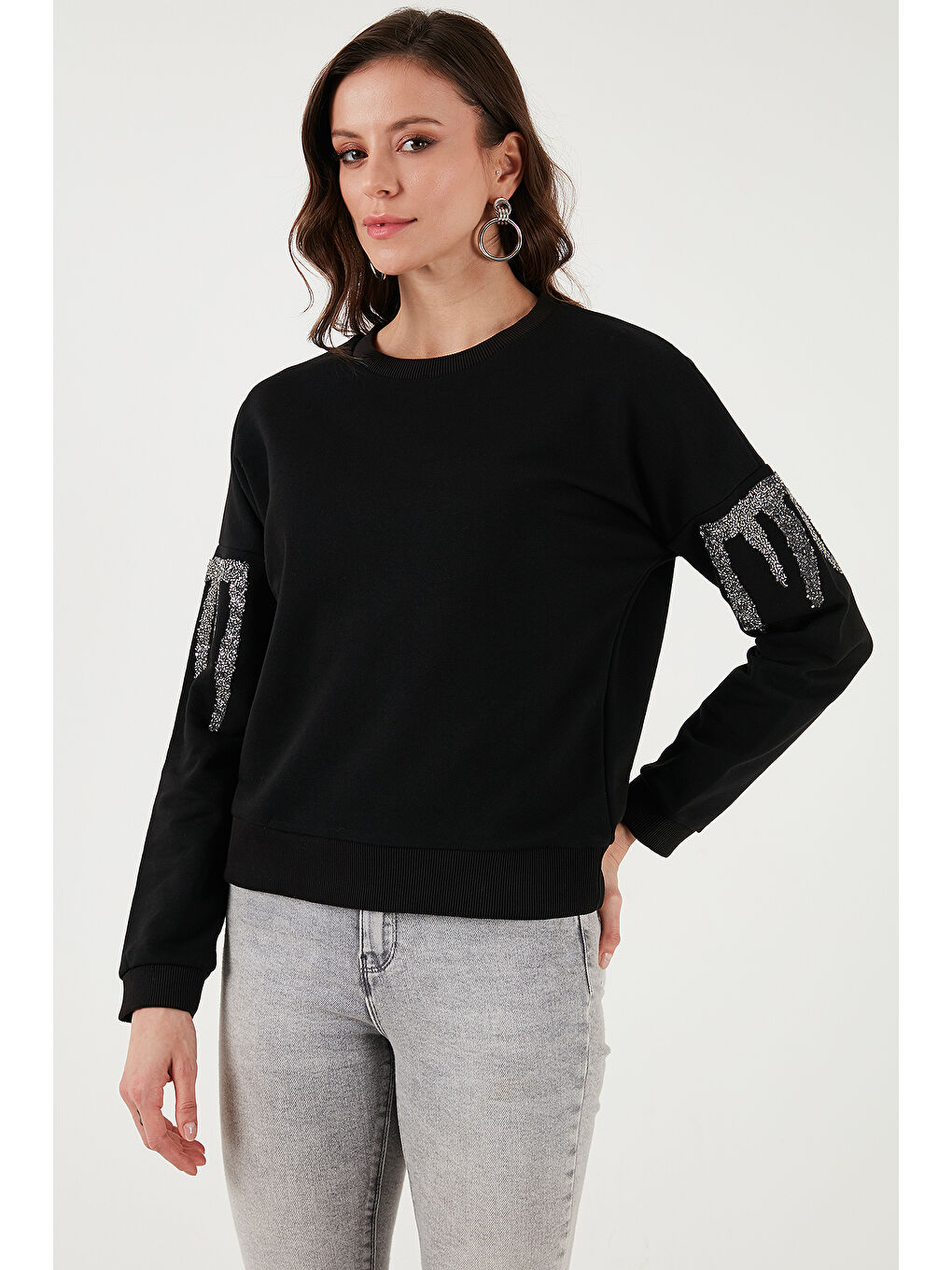 Fashion Friends Siyah Regular Fit Bisiklet Yaka Kolları Taşlı Kadın Sweat 24K0101K1 - 2