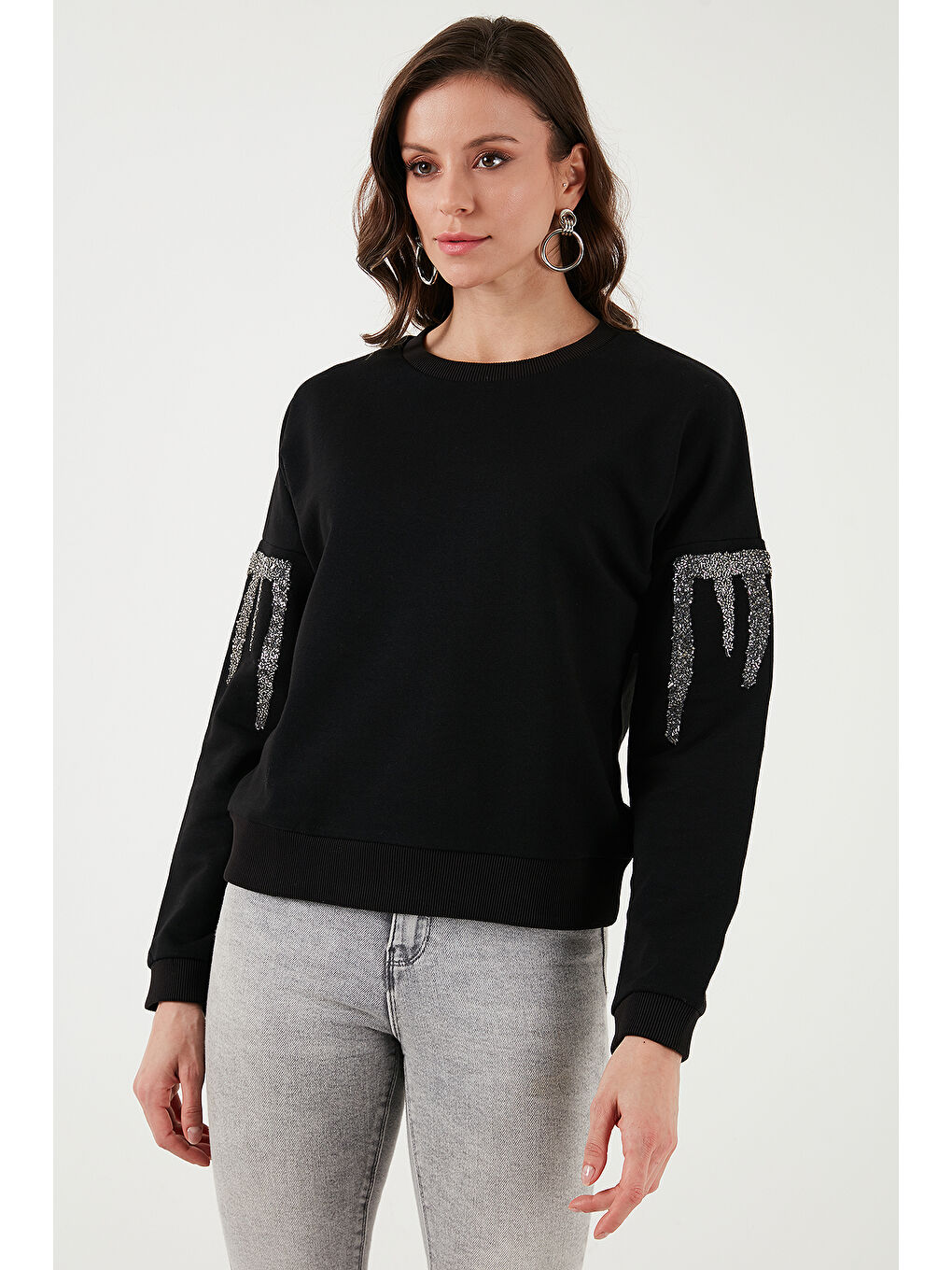 Fashion Friends Siyah Regular Fit Bisiklet Yaka Kolları Taşlı Kadın Sweat 24K0101K1 - 3