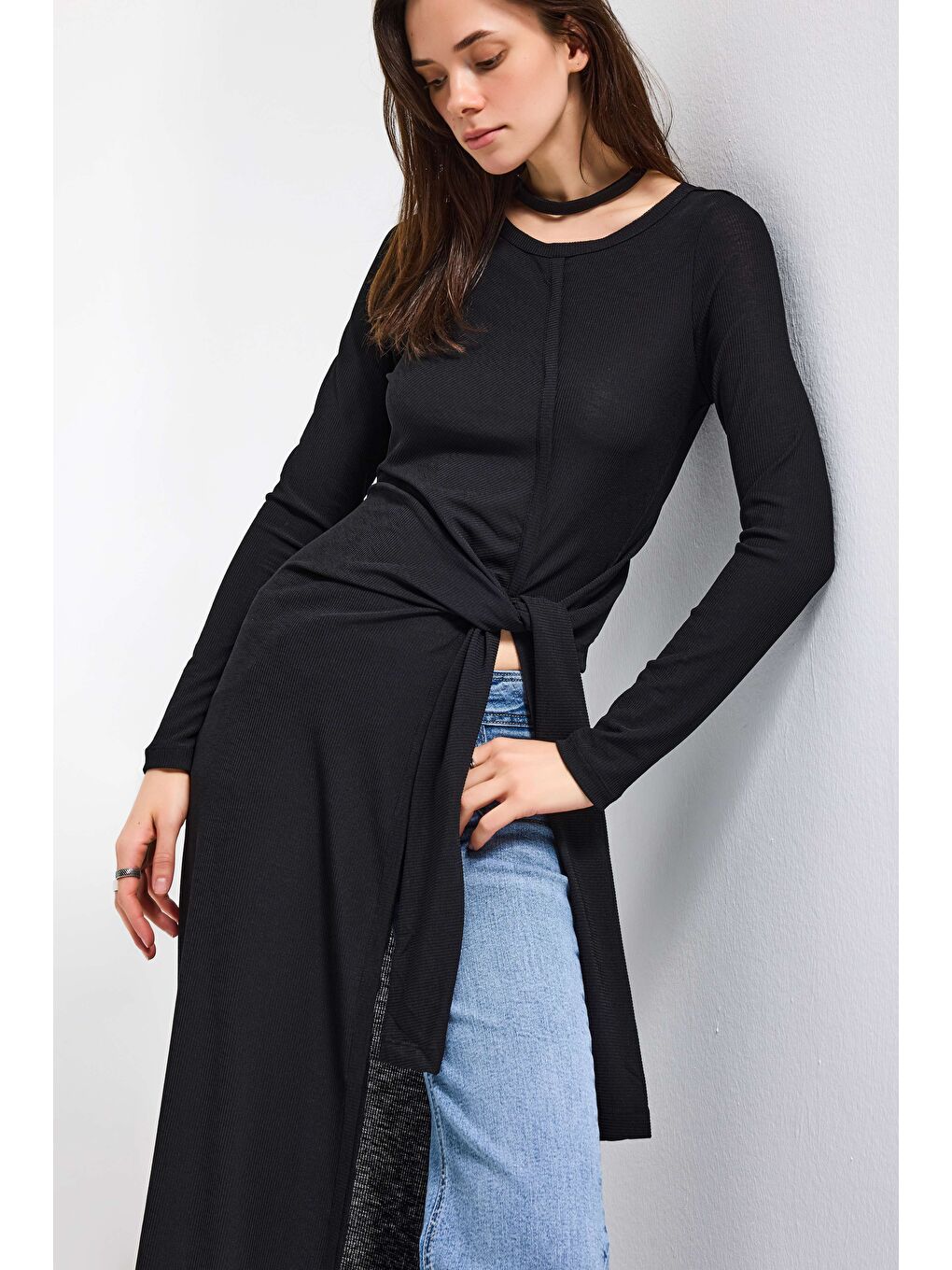 Kadın Siyah w5 Maxi Boy %100 Organik Kumaş Tasarım Belden Bağlamalı Tunik-2