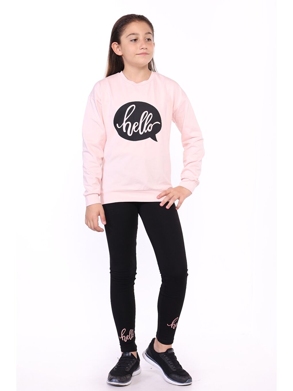 Pembe Kız Çocuk Hello Yazı Baskılı Taytlı Takım