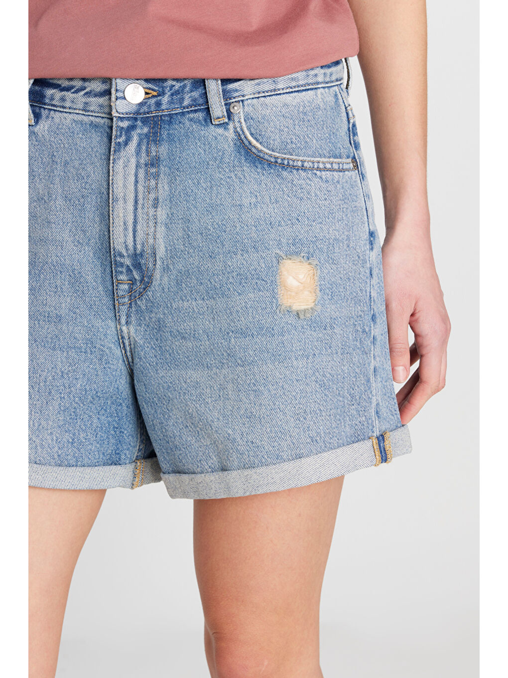 Yeşil %100 Pamuk Regular Fit Normal Kesim Mavi Mini Denim Jean Şort-4