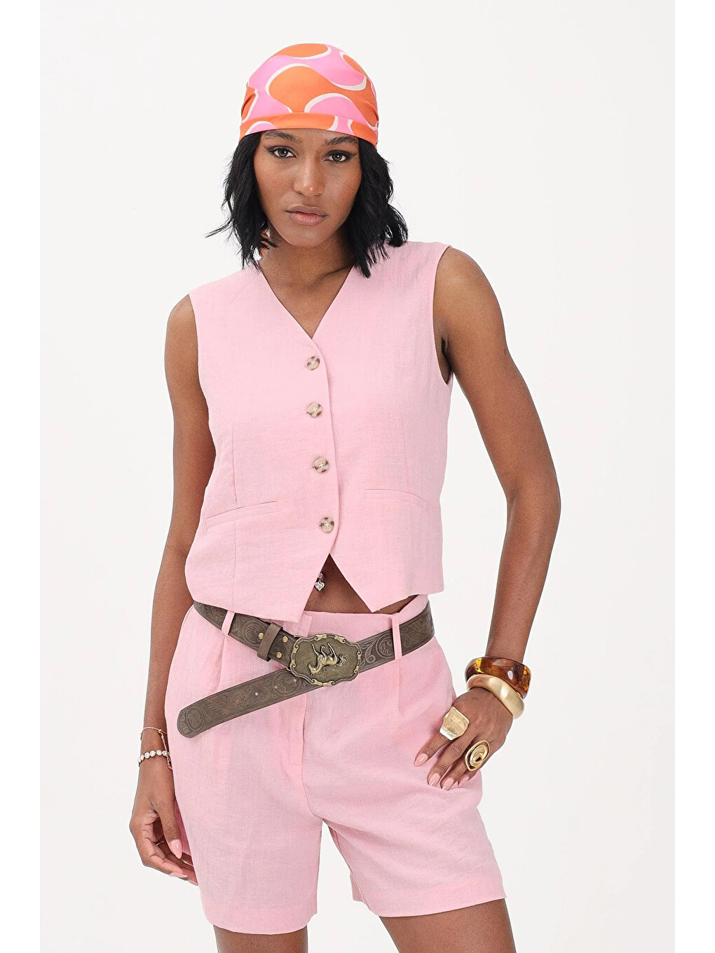 Pembe Onlita % 100 Pamuk Regular Fit V Yaka Yelek 15370277-1