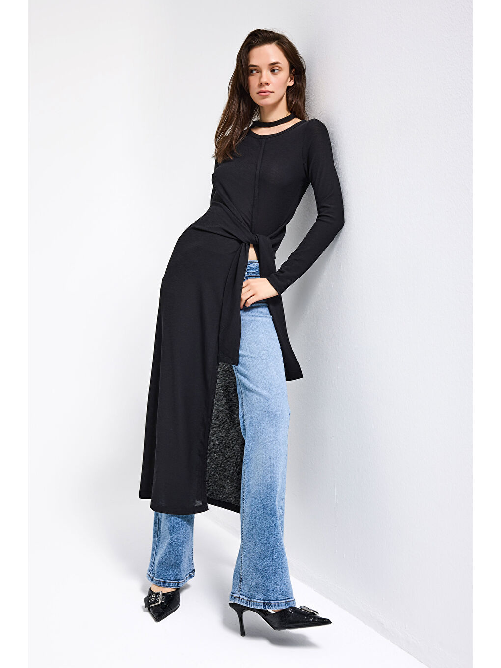 Kadın Siyah w5 Maxi Boy %100 Organik Kumaş Tasarım Belden Bağlamalı Tunik-4