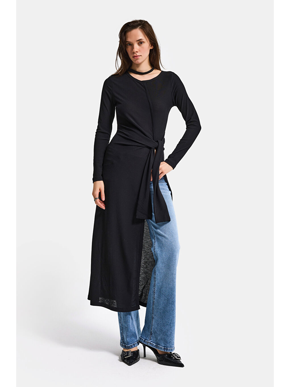 Kadın Siyah w5 Maxi Boy %100 Organik Kumaş Tasarım Belden Bağlamalı Tunik-5