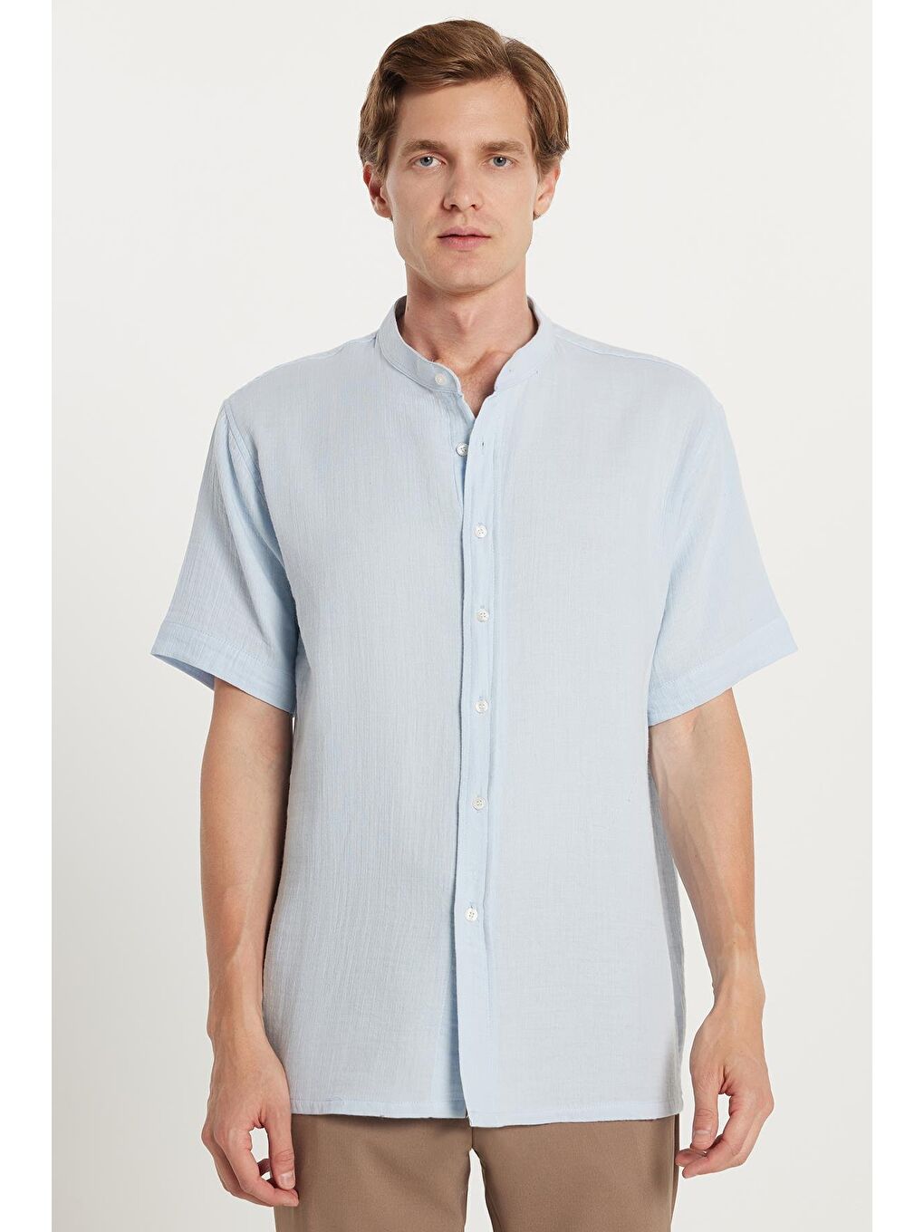 Erkek Relax Fit Rahat Kesim %100 Pamuk Müslin Kumaş Kısa Kollu Spor Hakim Yaka Mavi Gömlek-3
