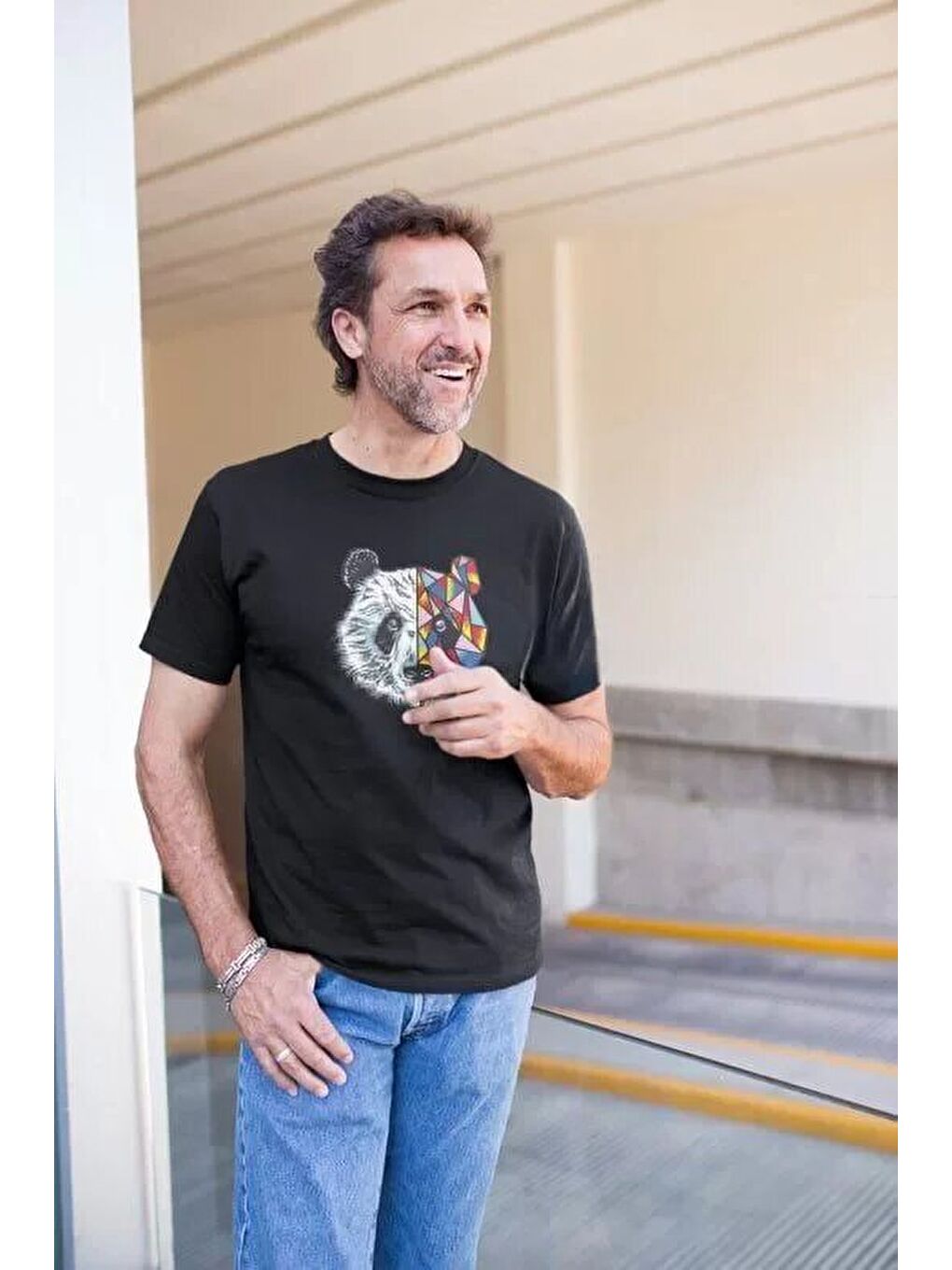 Erkek Bisiklet Yaka Baskılı Oversize T-Shirt - Siyah-1