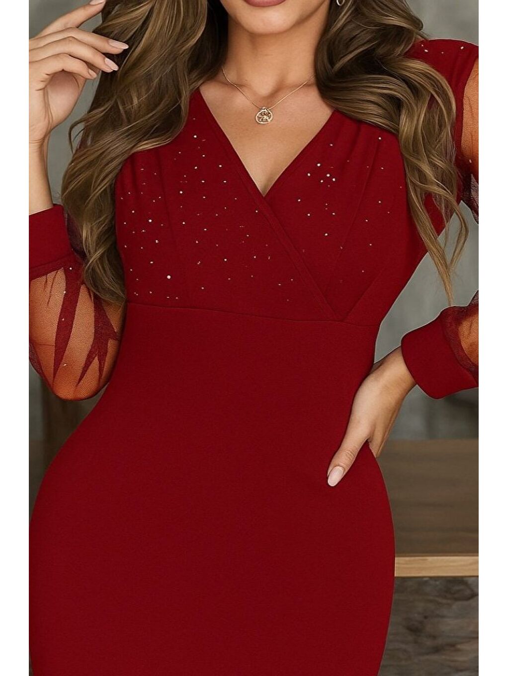 Kırmızı Kadın Uzun Kollu Kruvaze Yakalı Taşlı Mini Ithal Krep Elbise-1