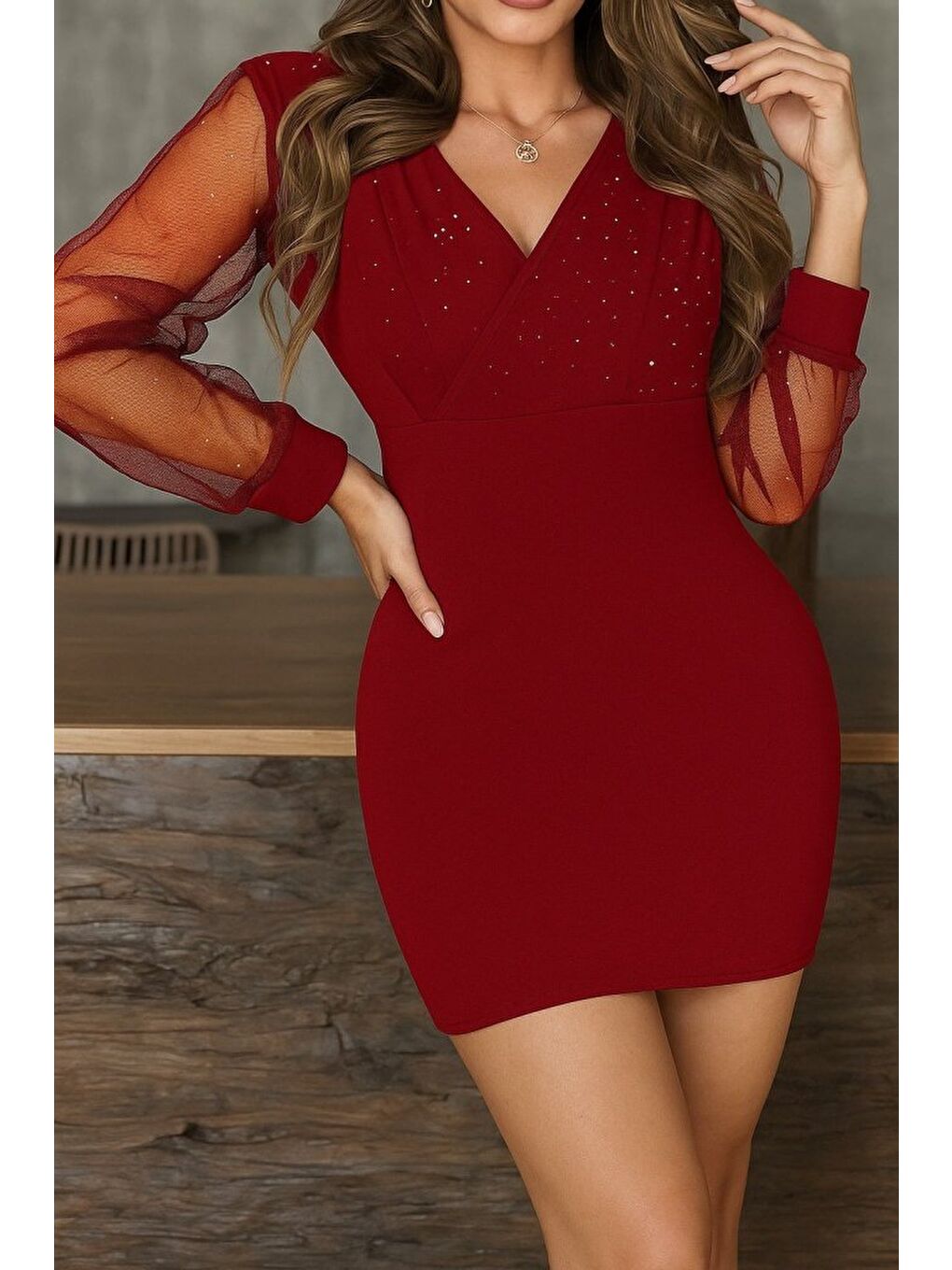 Kırmızı Kadın Uzun Kollu Kruvaze Yakalı Taşlı Mini Ithal Krep Elbise-2