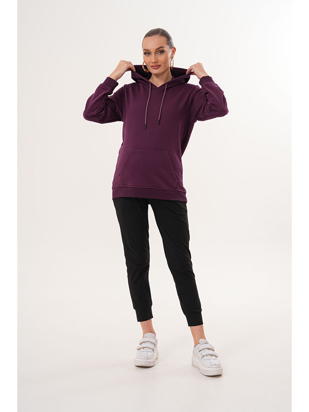 Mor %100 Pamuk Hamile ve Lohusa Basic Kapüşonlu Sweatshirt