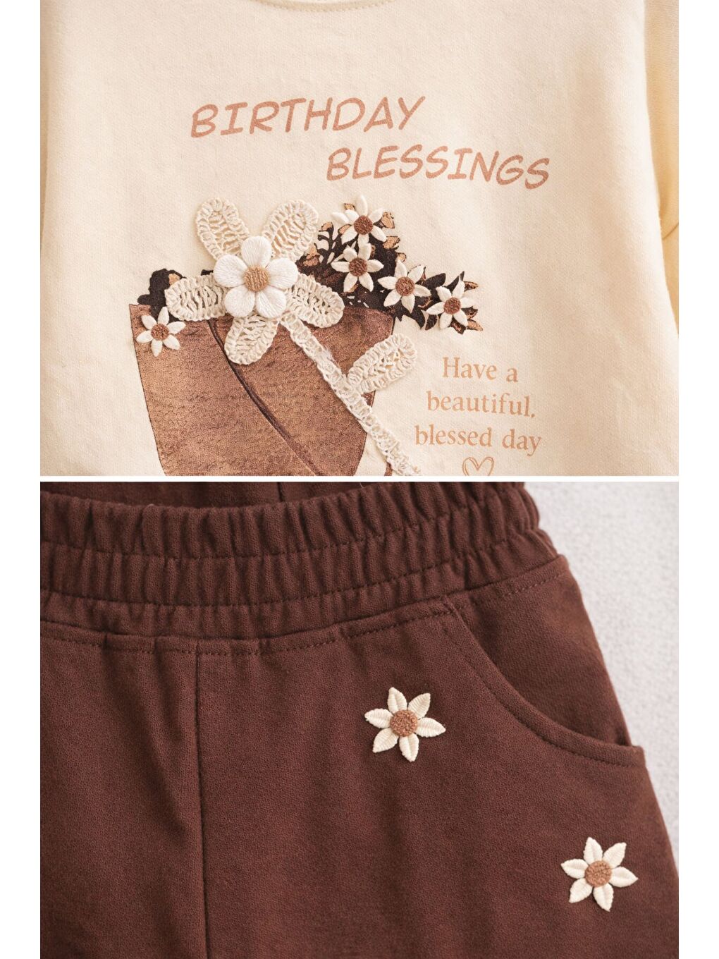 Ekru Krem Papatya Nakış Detaylı Jean Pantolonlu Kız Çocuk 2li Takım 23520-1