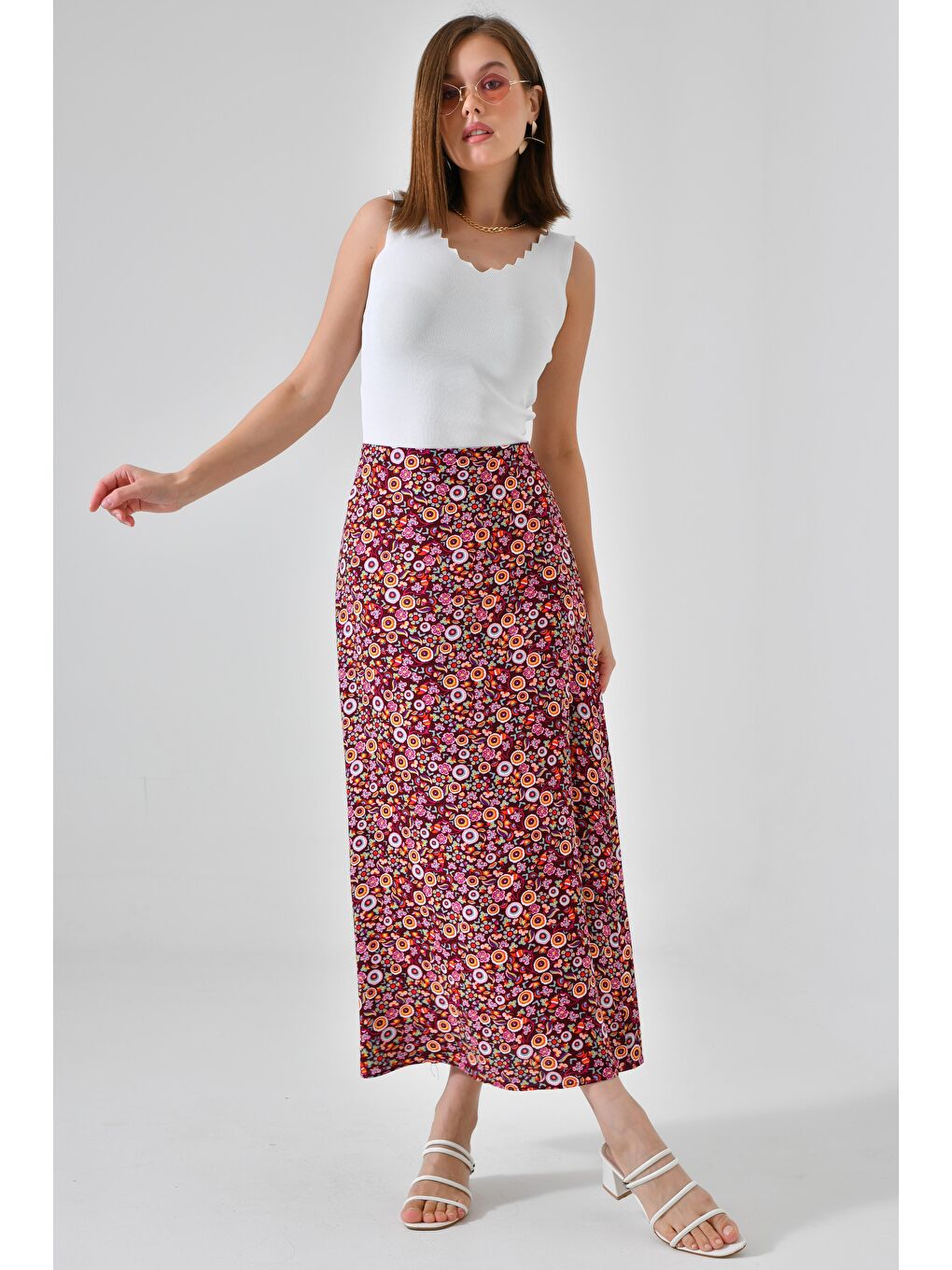 Bordo Desenli Kadın A Kesim Normal Bel Çiçek Desenli Midi Dokuma Etek - Viskon-1