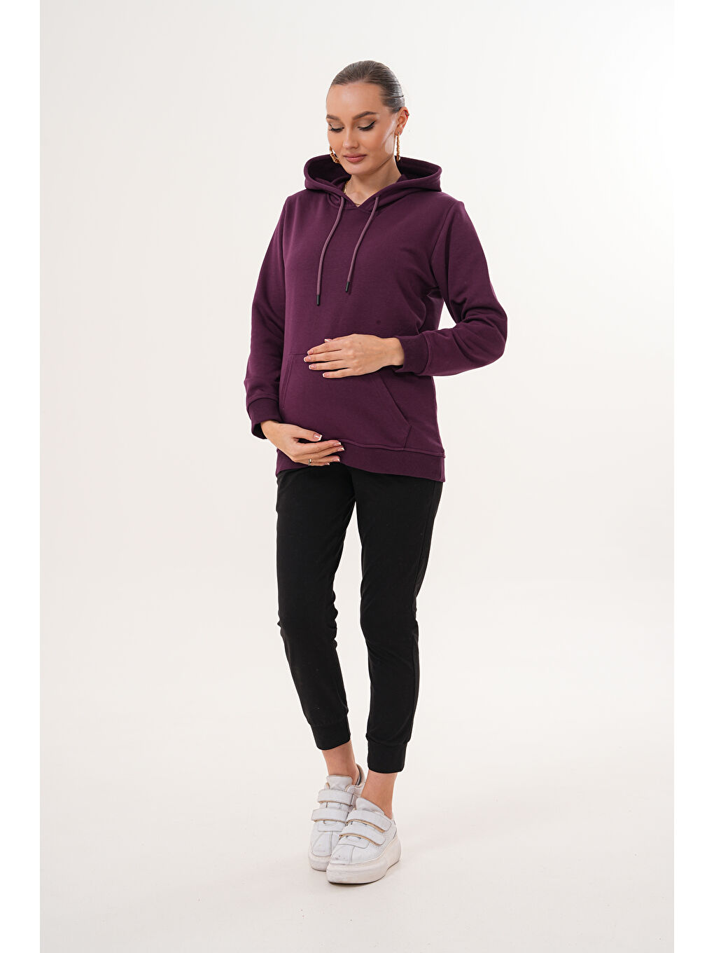 Mor %100 Pamuk Hamile ve Lohusa Basic Kapüşonlu Sweatshirt-1