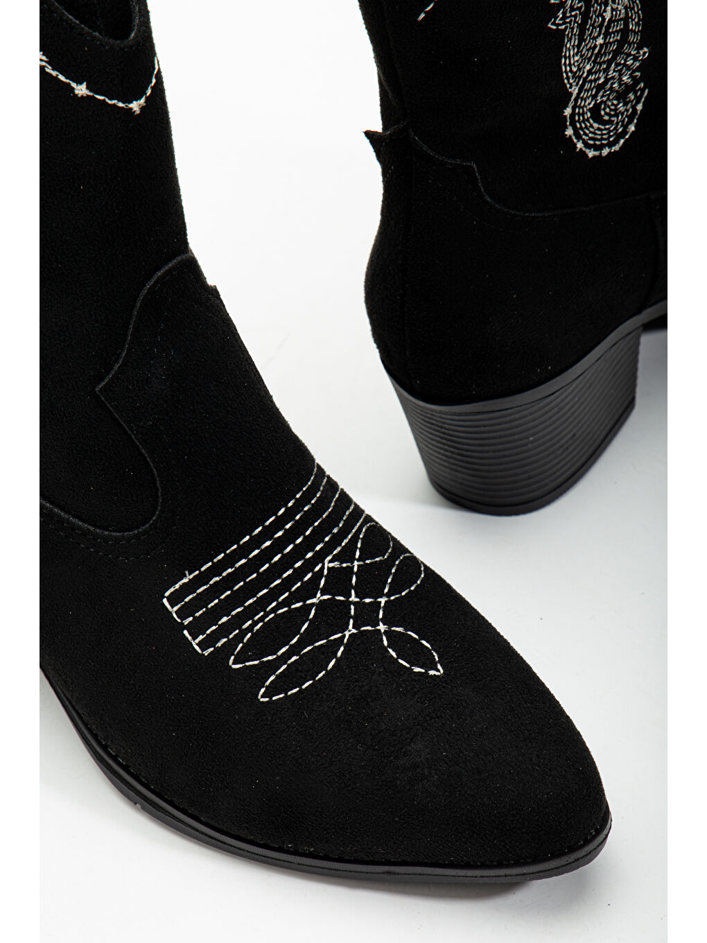 Kadın Siyah Süet Termo Taban Nakışlı Western Kovboy Bot-3