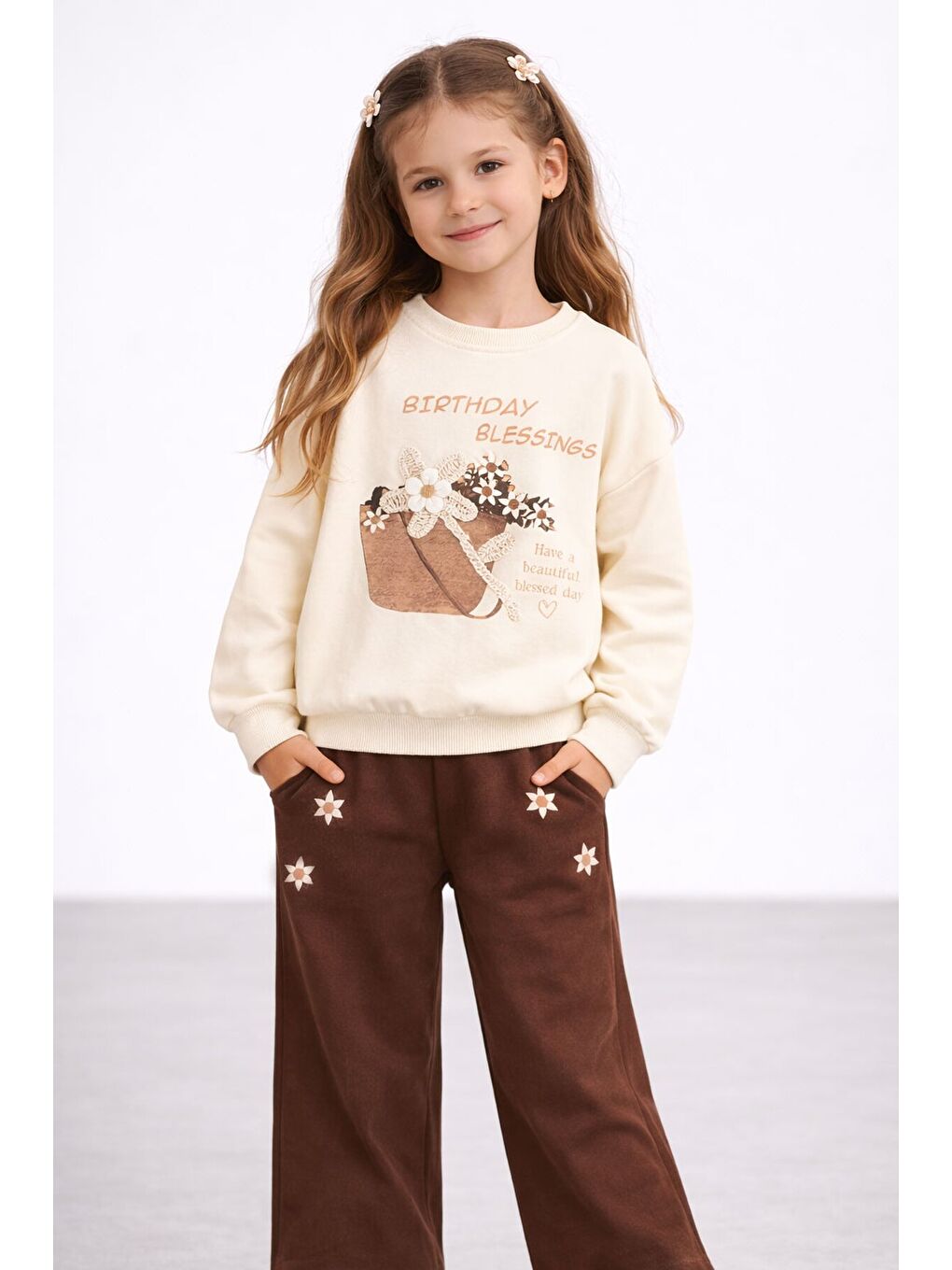 Ekru Krem Papatya Nakış Detaylı Jean Pantolonlu Kız Çocuk 2li Takım 23520-3