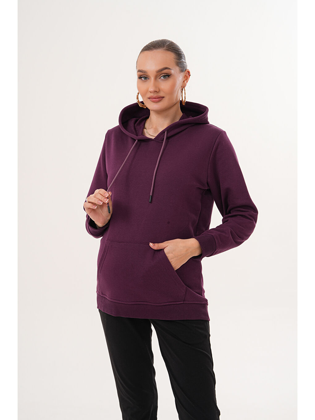 Mor %100 Pamuk Hamile ve Lohusa Basic Kapüşonlu Sweatshirt-2