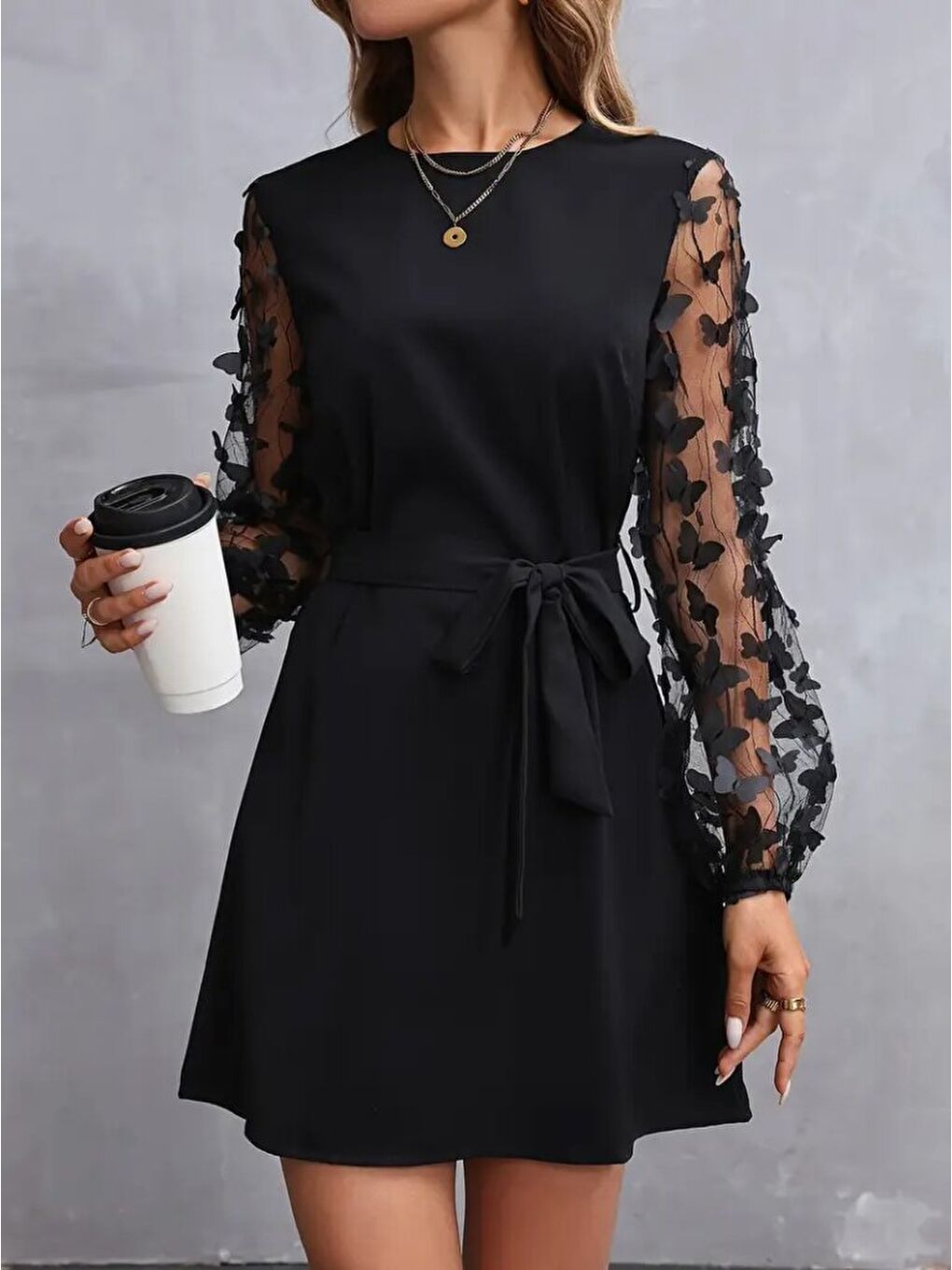 Siyah Kadın Uzun Kollu Bisiklet Yaka Kollar Tül Kelebek Detaylı Ithal Krep Elbise-4