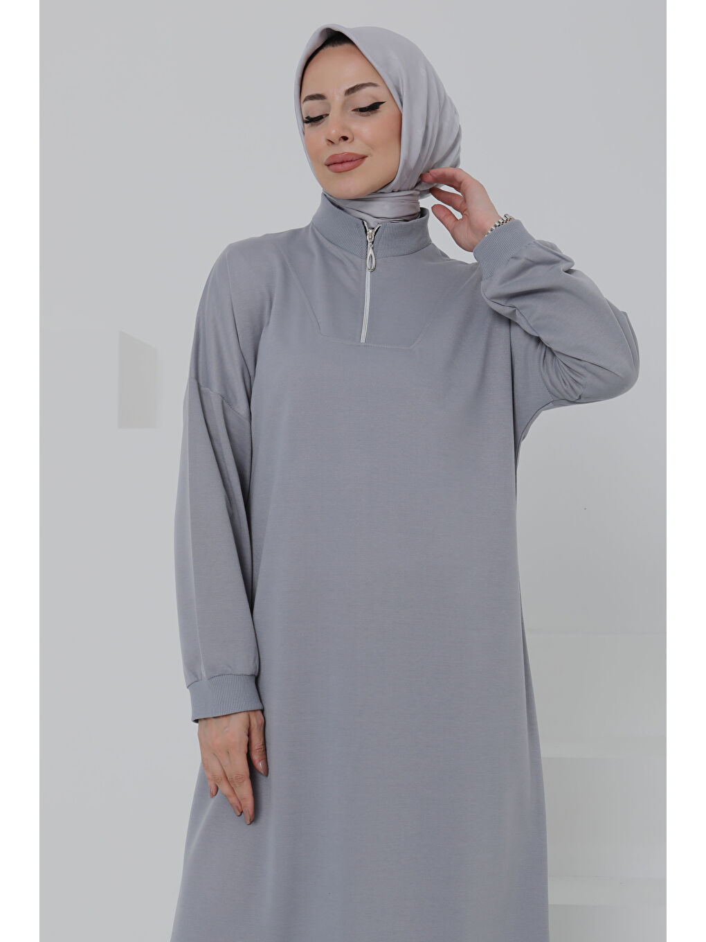 Fermuarlı Elbise Gri - 27046-3