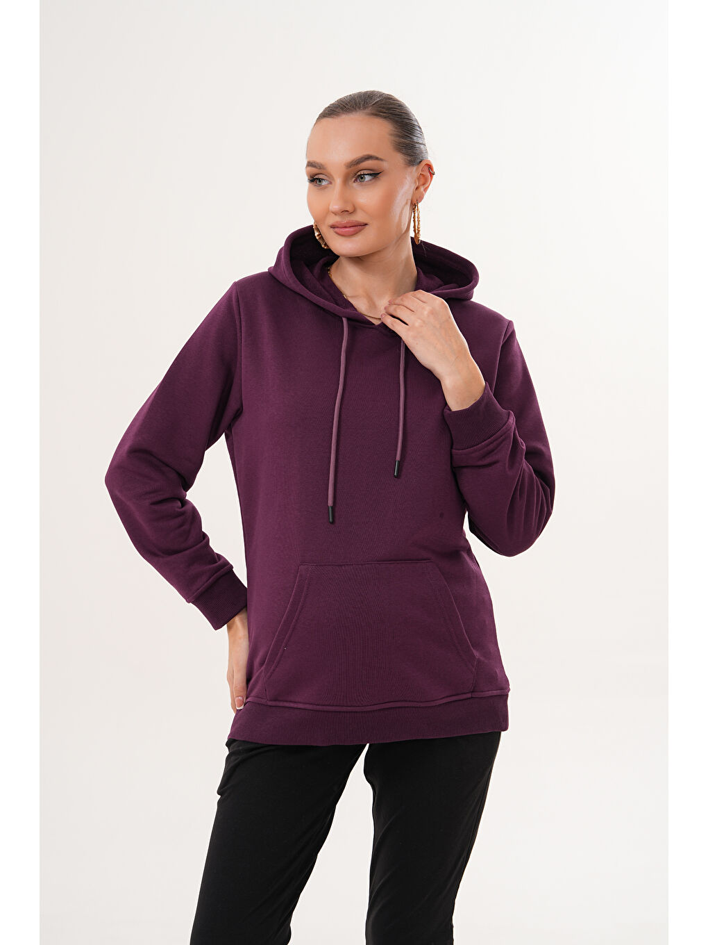 Mor %100 Pamuk Hamile ve Lohusa Basic Kapüşonlu Sweatshirt-3