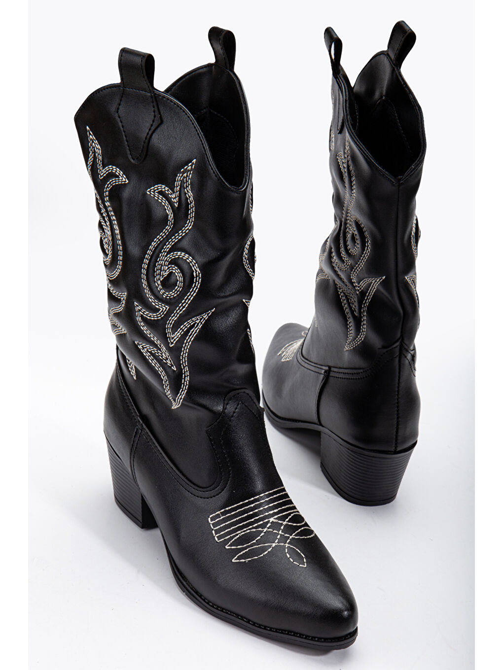 Kadın Siyah Cilt Termo Taban Nakışlı Sivri Burunlu Western Uzun Kovboy Bot-2