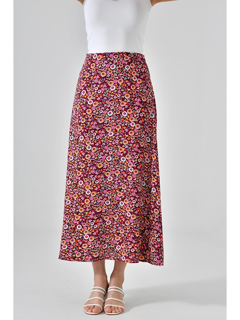 Bordo Desenli Kadın A Kesim Normal Bel Çiçek Desenli Midi Dokuma Etek - Viskon-2