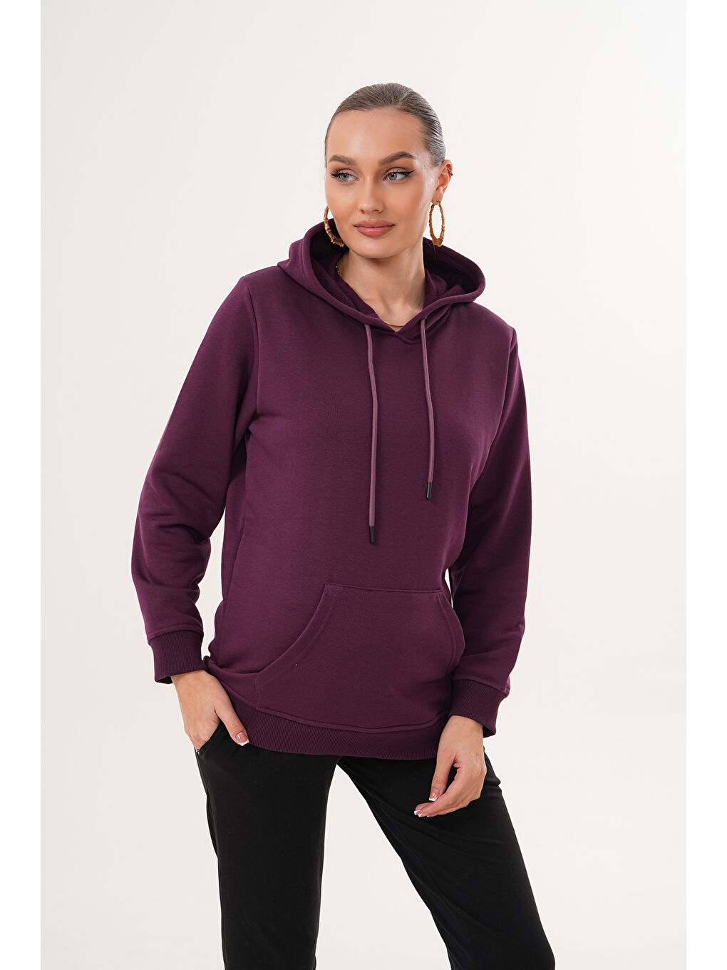 Mor %100 Pamuk Hamile ve Lohusa Basic Kapüşonlu Sweatshirt-4