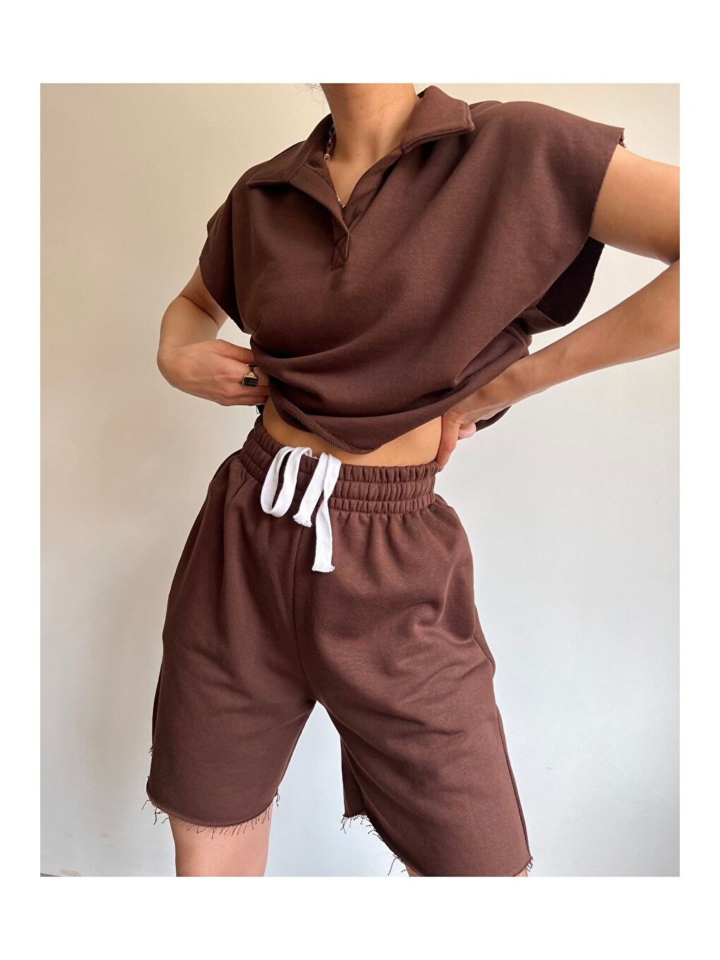 Kahverengi Polo Yaka Kahve Şort Takım-1