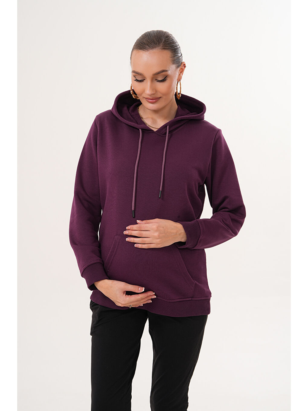 Mor %100 Pamuk Hamile ve Lohusa Basic Kapüşonlu Sweatshirt-5