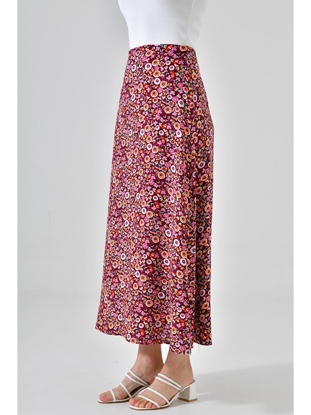 Bordo Desenli Kadın A Kesim Normal Bel Çiçek Desenli Midi Dokuma Etek - Viskon-3