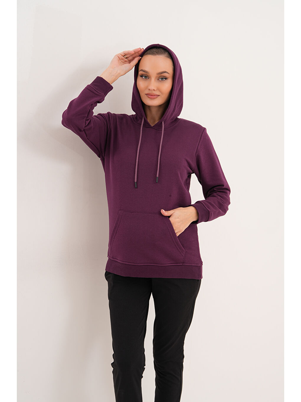Mor %100 Pamuk Hamile ve Lohusa Basic Kapüşonlu Sweatshirt-7