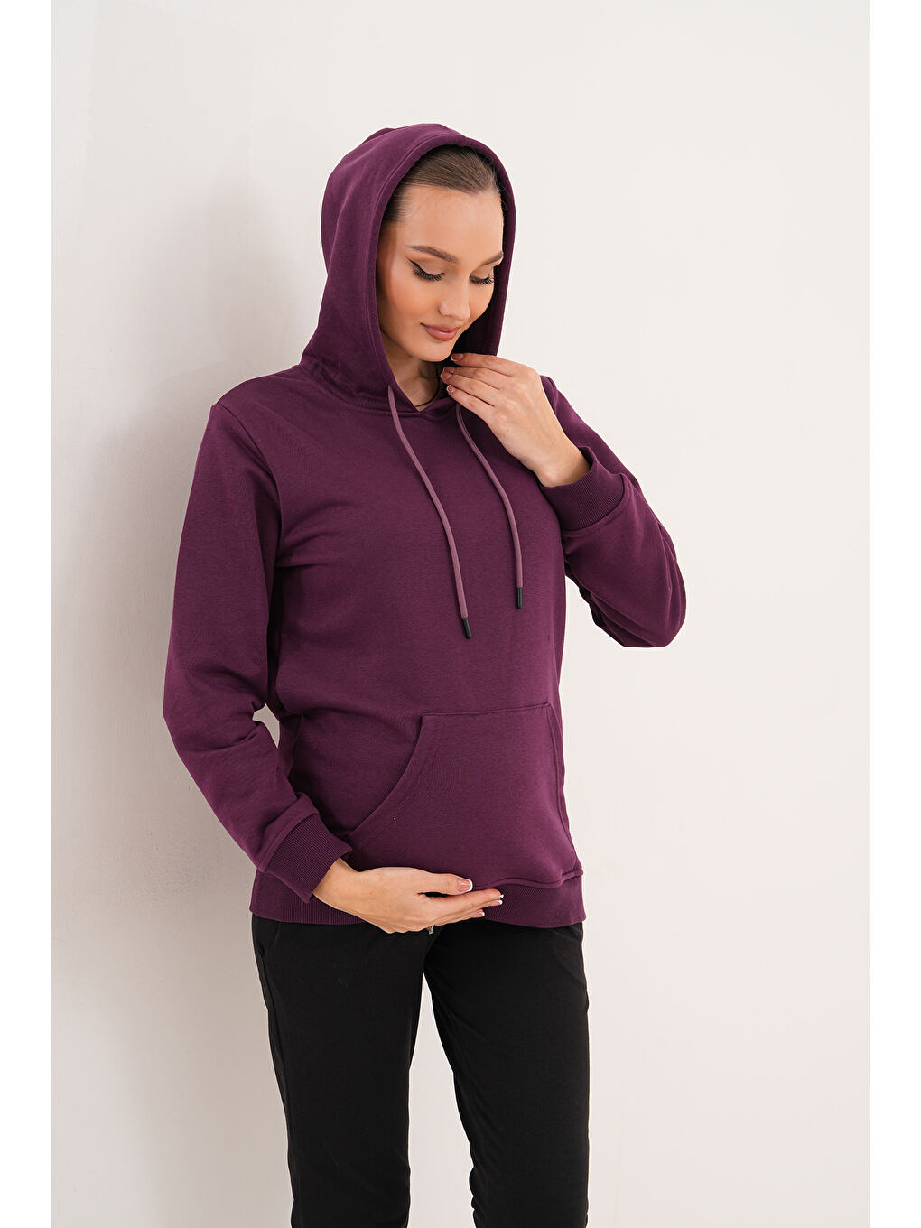 Mor %100 Pamuk Hamile ve Lohusa Basic Kapüşonlu Sweatshirt-8