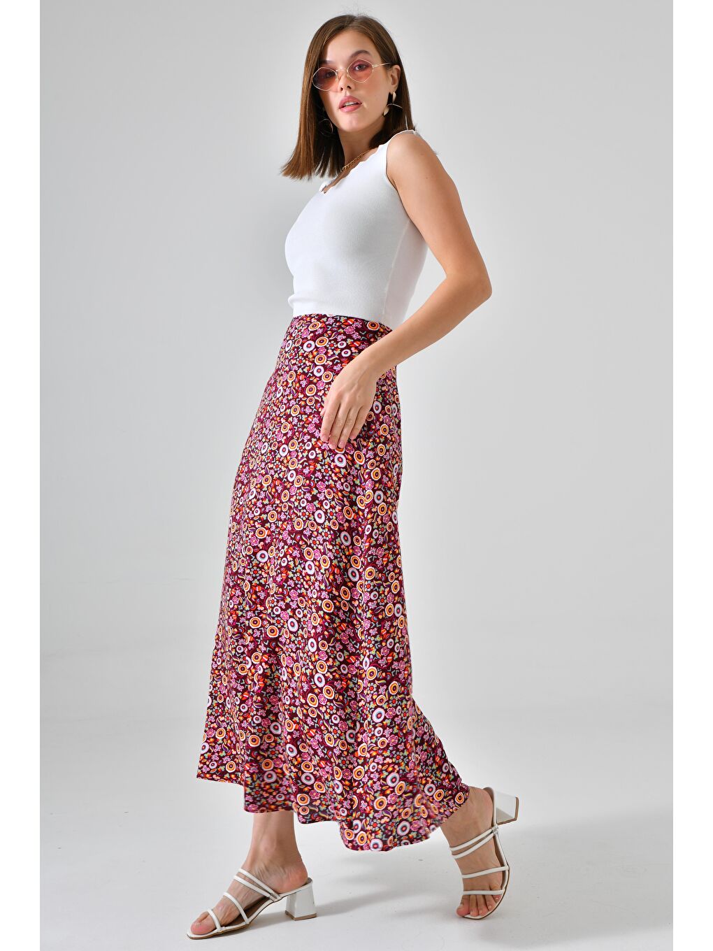 Bordo Desenli Kadın A Kesim Normal Bel Çiçek Desenli Midi Dokuma Etek - Viskon-4