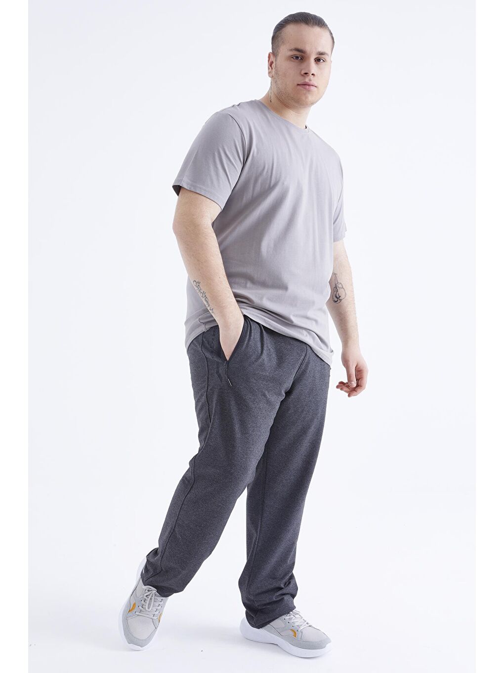 Gri Basic Kısa Kol O Yaka  Erkek Büyük Beden Tişört - 88072-3