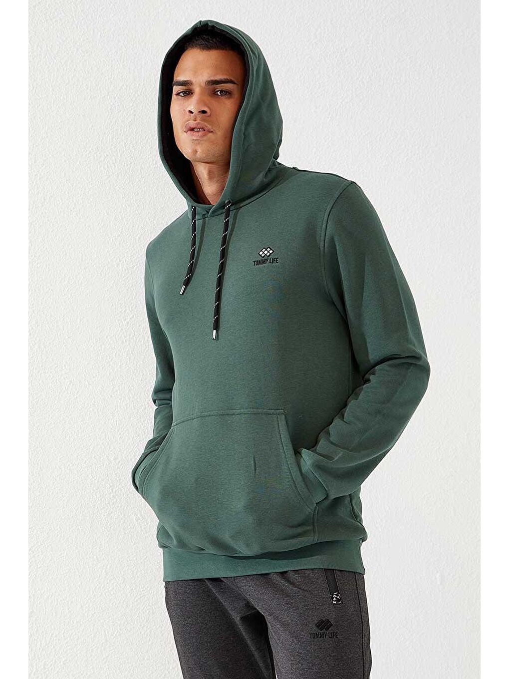 Yeşil Kanguru Cep Standart Kalıp Kapüşonlu  Erkek Hoodie - 87872-2