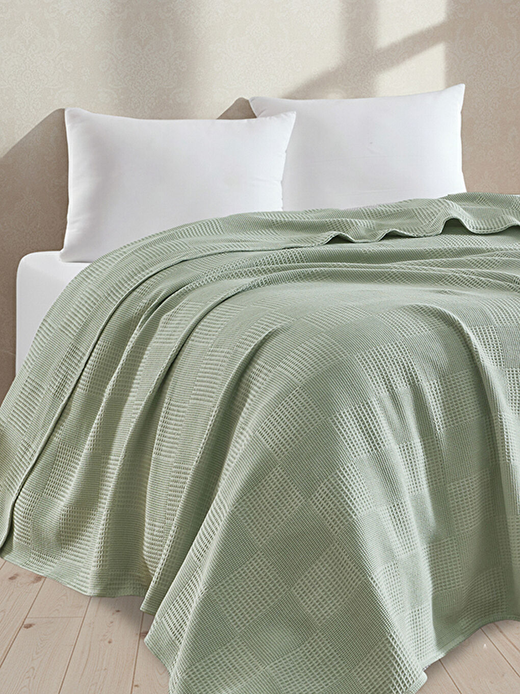 %100 Pamuk Pike Battal Boy Örtü – Karo Desen Çağla Yeşili Renk, 240x230 cm