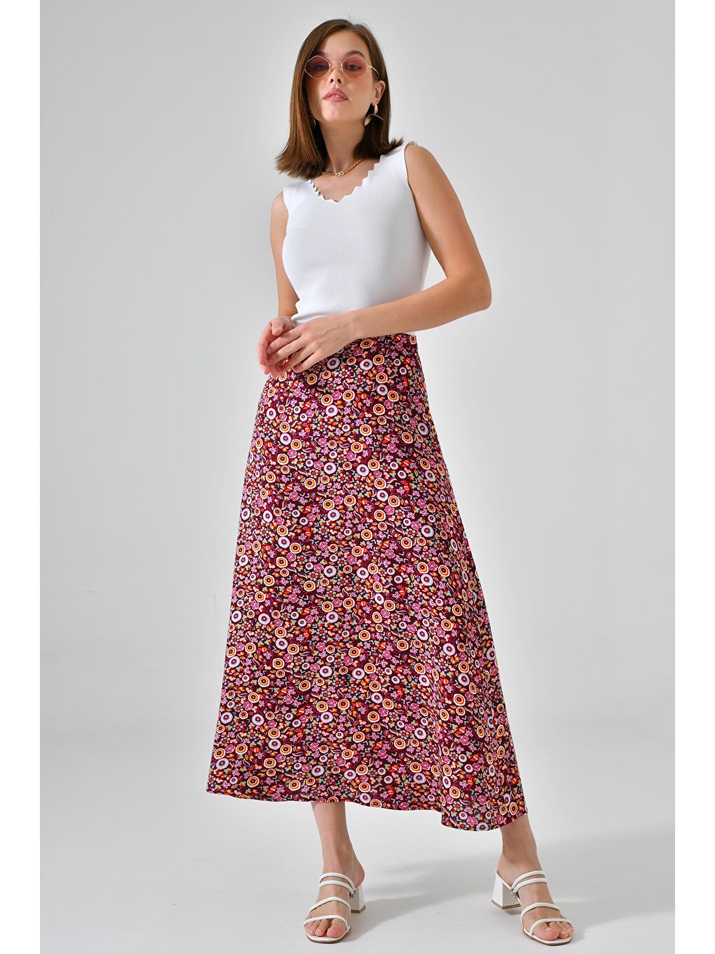 Bordo Desenli Kadın A Kesim Normal Bel Çiçek Desenli Midi Dokuma Etek - Viskon-5