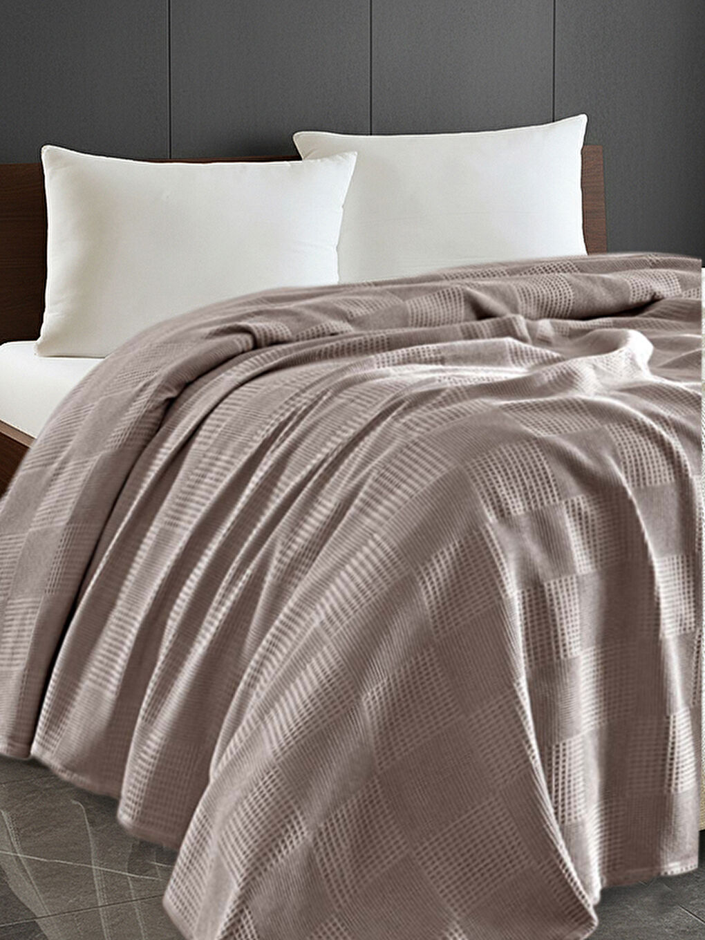 Kahverengi %100 Pamuk Pike Battal Boy Örtü – Karo Desen Camel Renk, 240x230 cm