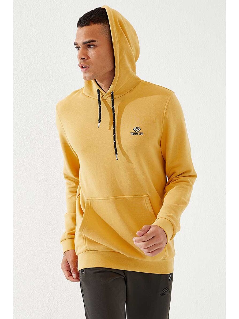 Sarı Hardal Kanguru Cep Standart Kalıp Kapüşonlu  Erkek Hoodie - 87872