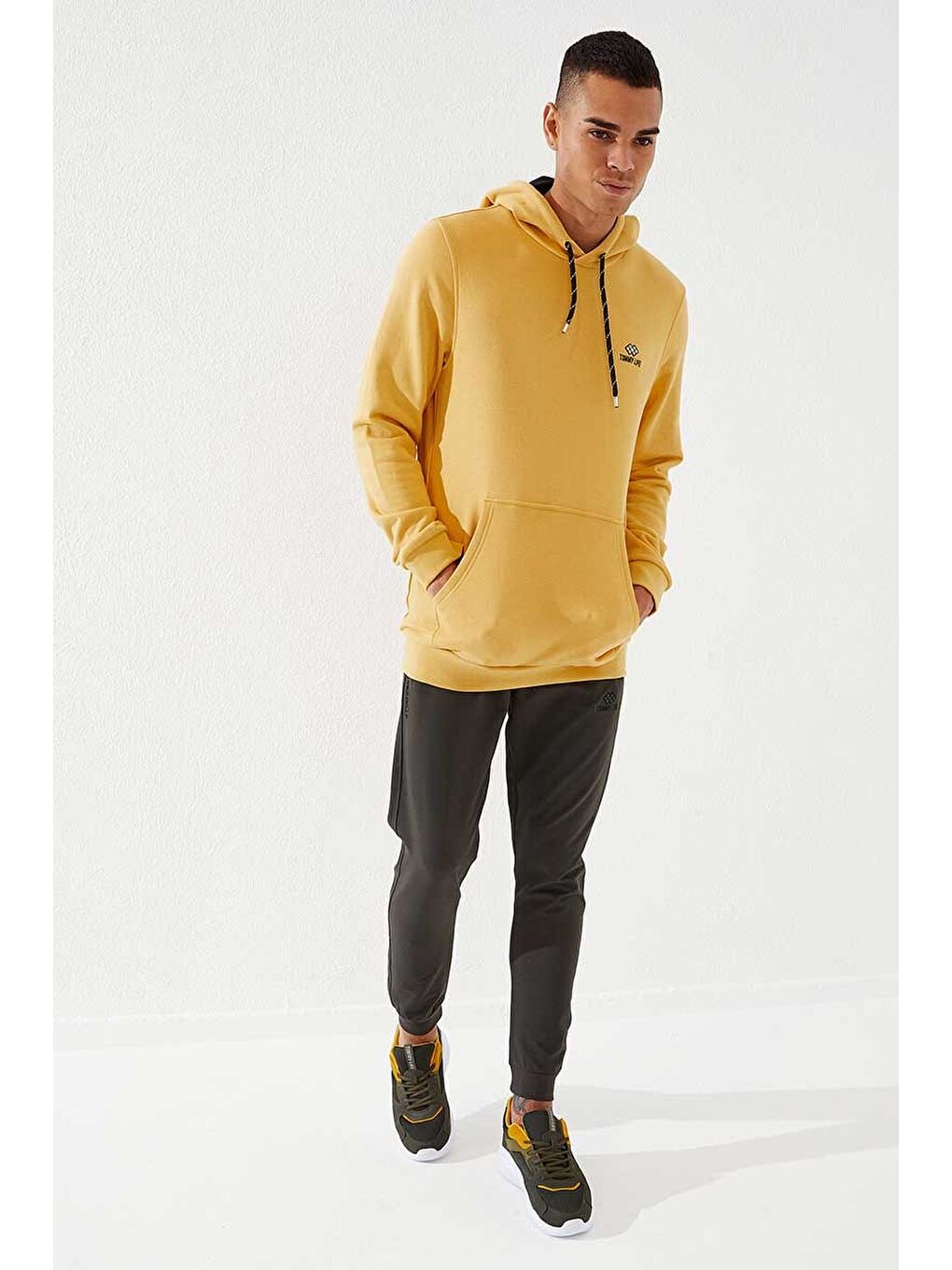 Sarı Hardal Kanguru Cep Standart Kalıp Kapüşonlu  Erkek Hoodie - 87872-1