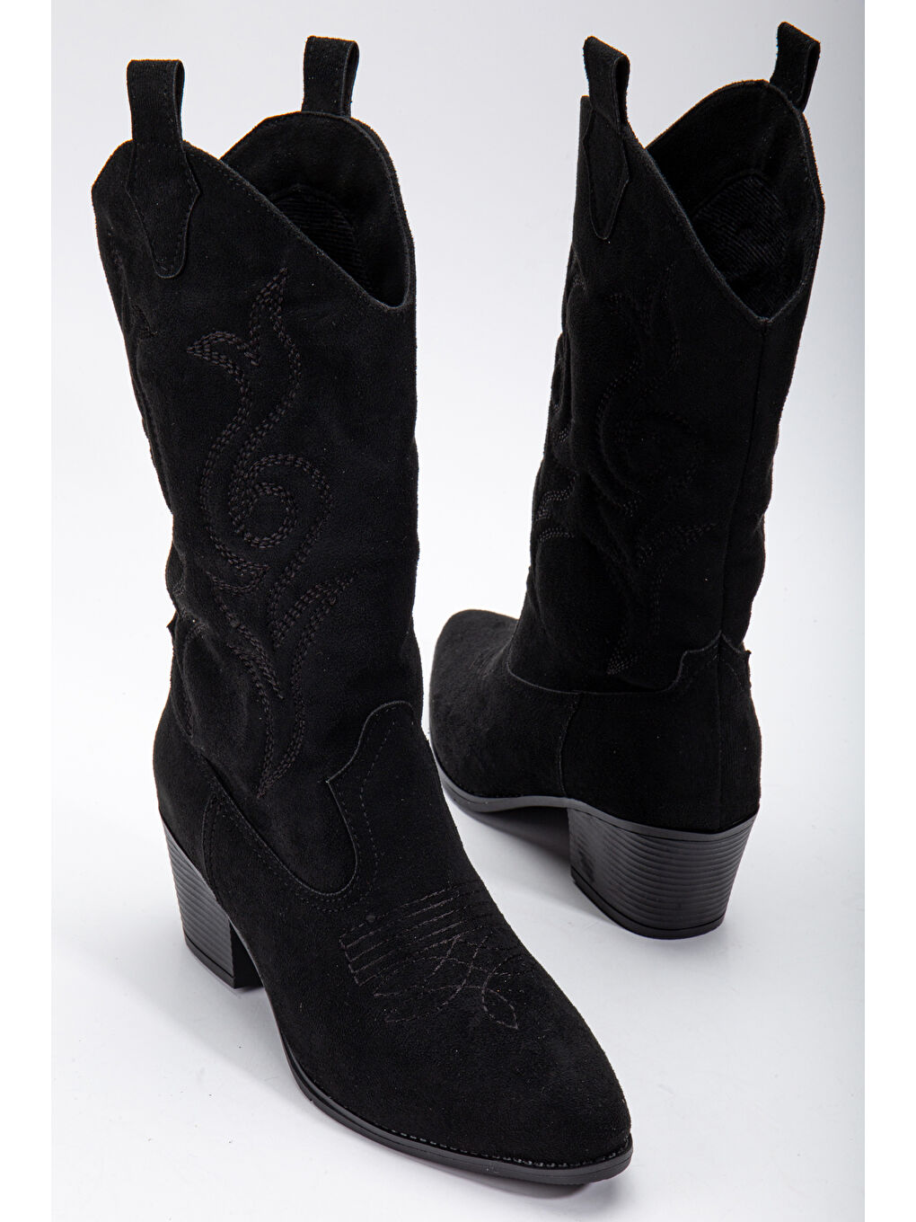 Kadın Siyah Siyah Termo Taban Nakışlı Sivri Burunlu Western Uzun Kovboy Bot-2