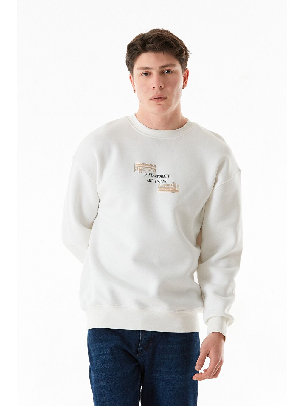 Beyaz 3 İplik Kabartma Baskılı Bisiklet Yaka Sweatshirt